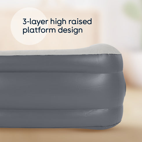 airzzZ SlumberPlus Air Bed Single - High Raised with Built-in Electric Pump - Grey Flocked