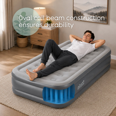 airzzZ SlumberPlus Air Bed Single - High Raised with Built-in Electric Pump - Grey Flocked
