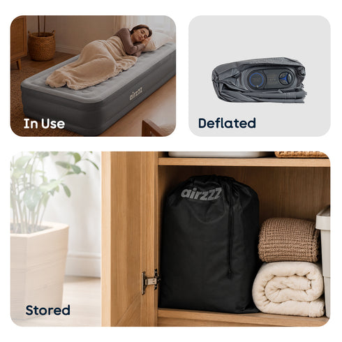 airzzZ SlumberPlus Air Bed Single - High Raised with Built-in Electric Pump - Grey Flocked