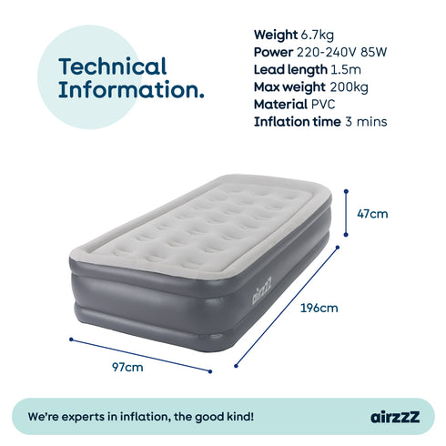 airzzZ SlumberPlus Air Bed Single - High Raised with Built-in Electric Pump - Grey Flocked