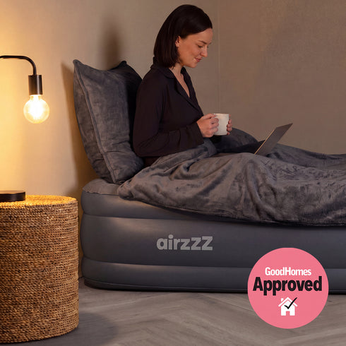 airzzZ SlumberPlus Air Bed Single - High Raised with Built-in Electric Pump - Grey Flocked