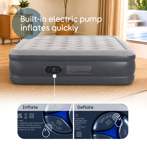 airzzZ SlumberPlus Air Bed Double - High Raised with Built-in Electric Pump - Grey Flocked