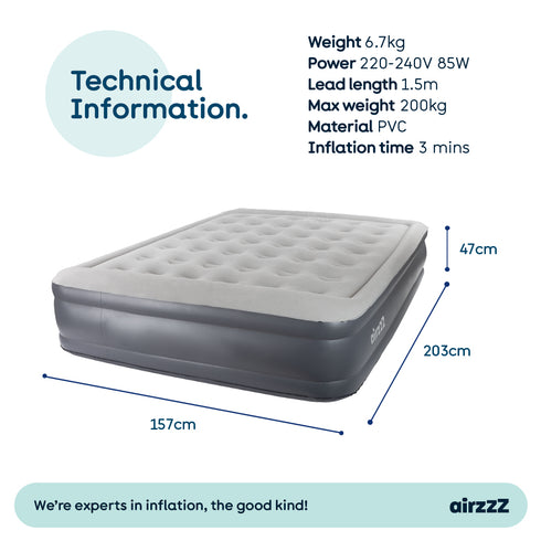 airzzZ SlumberPlus Air Bed Double - High Raised with Built-in Electric Pump - Grey Flocked