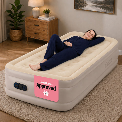airzzZ SlumberPlus Air Bed Single - High Raised with Built-in Electric Pump - Beige Flocked