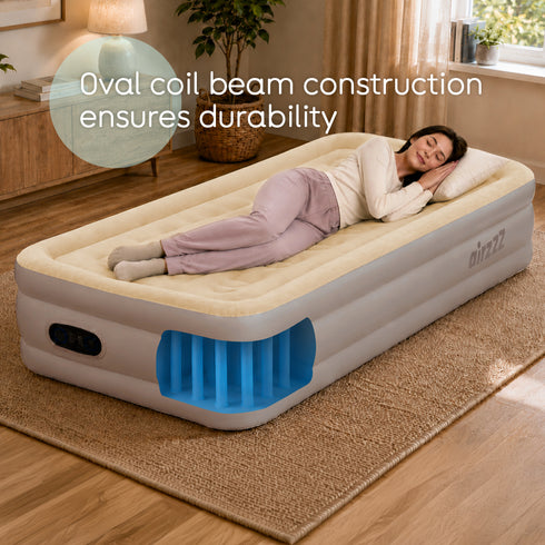 airzzZ SlumberPlus Air Bed Single - High Raised with Built-in Electric Pump - Beige Flocked