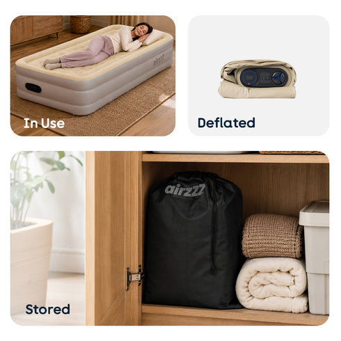 airzzZ SlumberPlus Air Bed Single - High Raised with Built-in Electric Pump - Beige Flocked