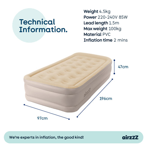 airzzZ SlumberPlus Air Bed Single - High Raised with Built-in Electric Pump - Beige Flocked