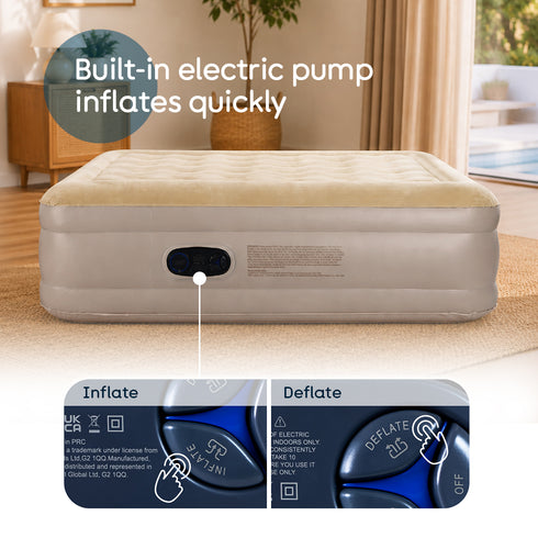 airzzZ SlumberPlus Air Bed Double - High Raised with Built-in Electric Pump - Beige Flocked