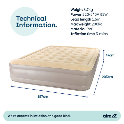 airzzZ SlumberPlus Air Bed Double - High Raised with Built-in Electric Pump - Beige Flocked