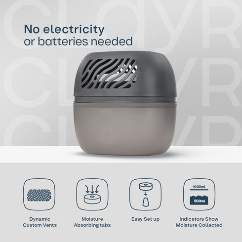 Clayr Reusable Dehumidifier 1000ml - 2 Refill Tabs Silicon Anti-Spill - Grey