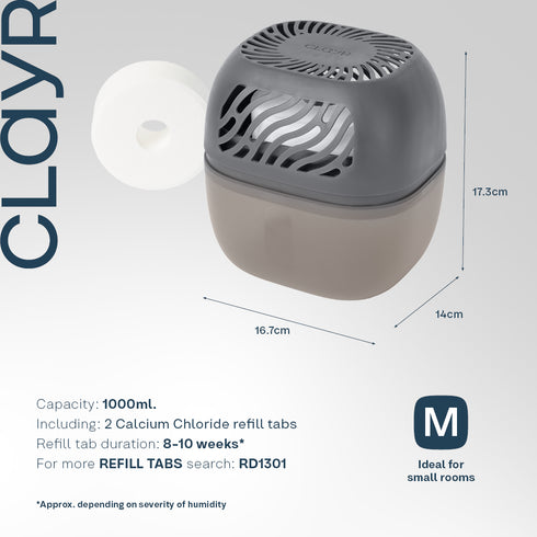 Clayr Reusable Dehumidifier 1000ml - 2 Refill Tabs Silicon Anti-Spill - Grey