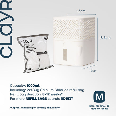 Clayr HumiDrop Refillable Interior Dehumidifier 1000ml - Off White 2 Refill Bags