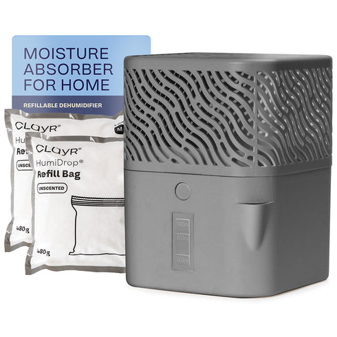 Clayr HumiDrop Refillable Interior Dehumidifier 1000ml - Grey 2 Refill Bags