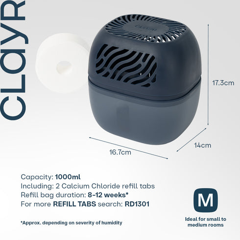 Clayr Reusable Dehumidifier 1000ml - 2 Refill Tabs Silicon Anti-Spill - Navy