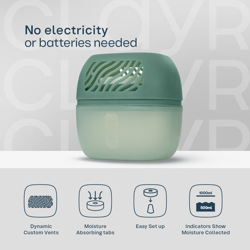 Clayr Reusable Dehumidifier 1000ml - 2 Refill Tabs Silicon Anti-Spill - Sage
