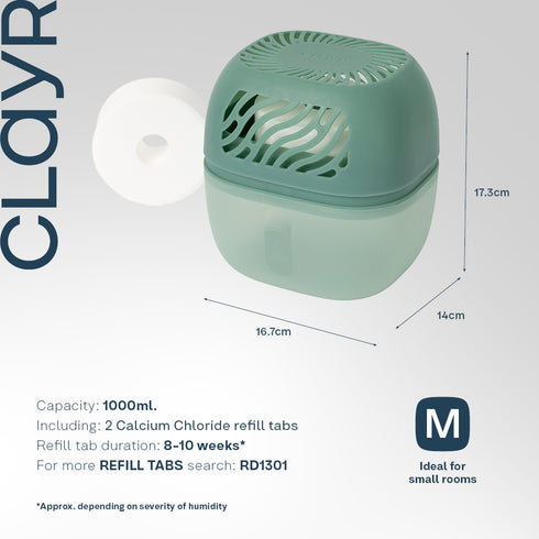 Clayr Reusable Dehumidifier 1000ml - 2 Refill Tabs Silicon Anti-Spill - Sage