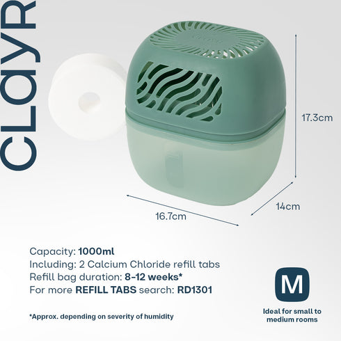 Clayr Reusable Dehumidifier 1000ml - 2 Refill Tabs Silicon Anti-Spill - Sage