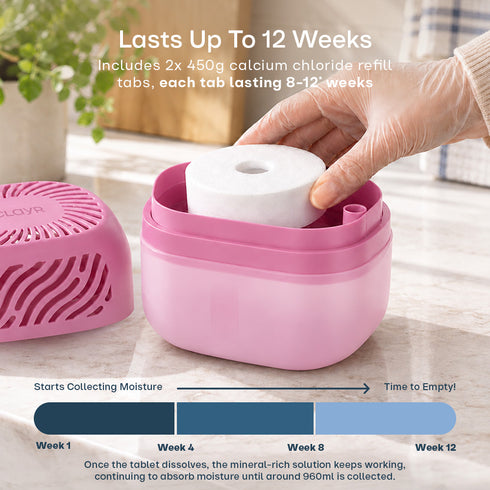 Clayr Reusable Dehumidifier 1000ml - 2 Refill Tabs Silicon Anti-Spill - Pink