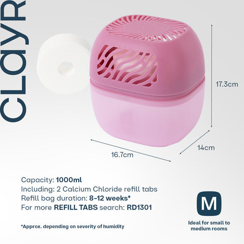 Clayr Reusable Dehumidifier 1000ml - 2 Refill Tabs Silicon Anti-Spill - Pink