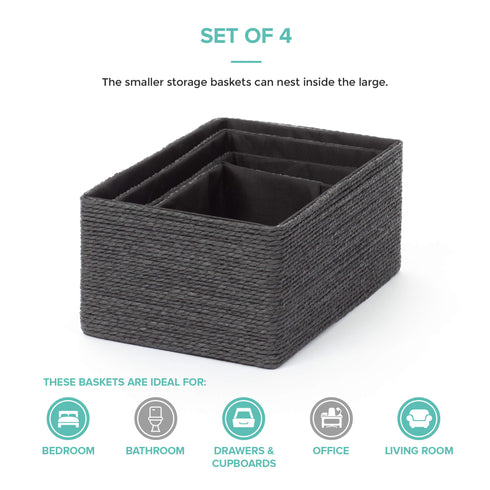 Paper Rope Woven Baskets, Set of 4 - Black