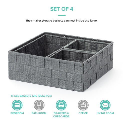 Strap Baskets, Set of 4 - Grey