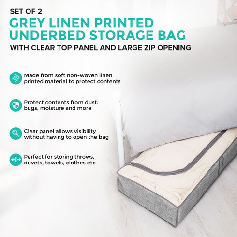 Set of 2 Grey Linen Printed Underbed Storage Bag with Viewing Panel