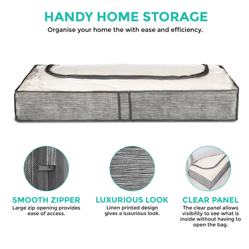 Set of 2 Grey Linen Printed Underbed Storage Bag with Viewing Panel