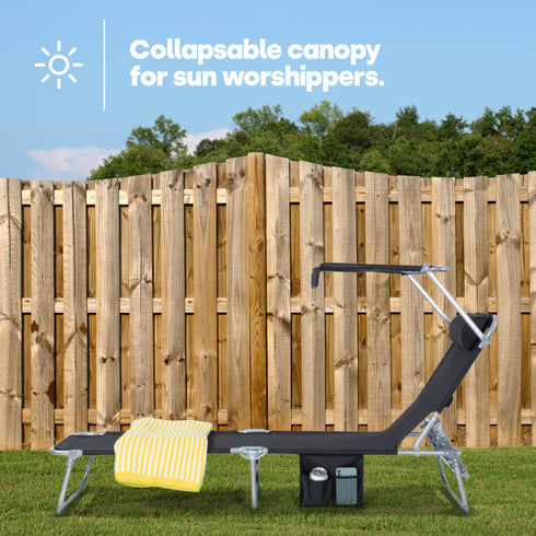 Folding Sun Lounger with Sun Shade - Black