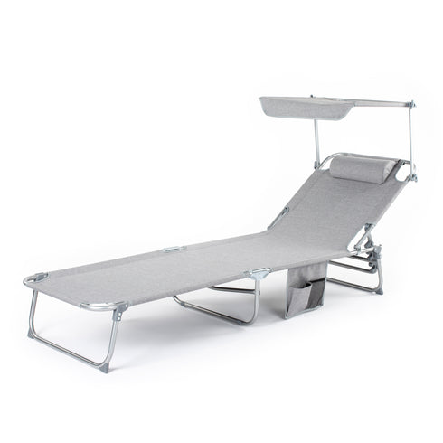 Folding Sun Lounger with Sun Shade - Grey
