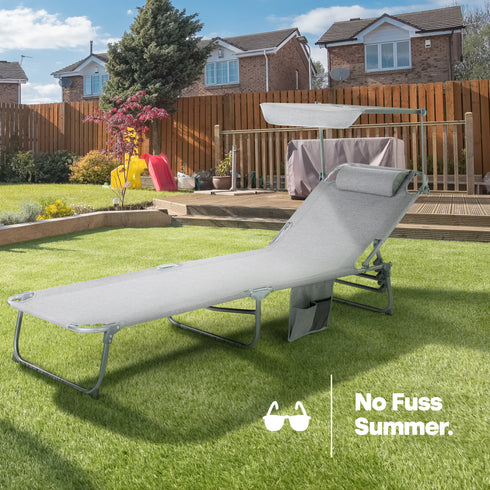 Folding Sun Lounger with Sun Shade - Grey