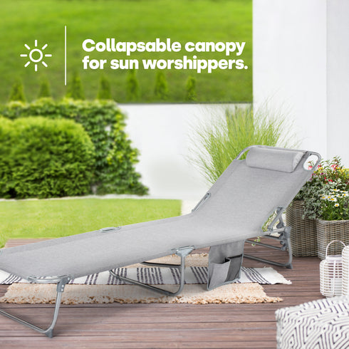 Folding Sun Lounger with Sun Shade - Grey