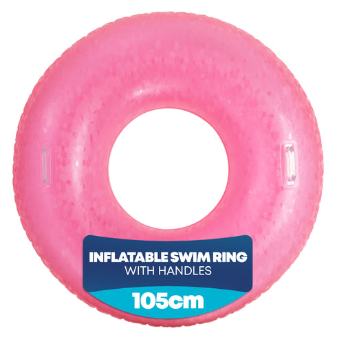 Splash! Inflatable Swim Ring 105cm Holographic Diamond Print Float with Handles - Neon Pink