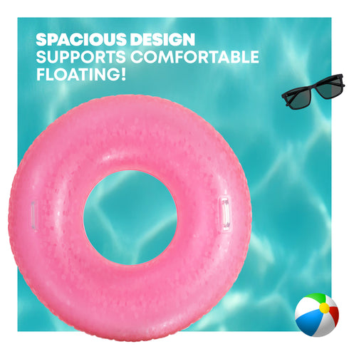 Splash! Inflatable Swim Ring 105cm Holographic Diamond Print Float with Handles - Neon Pink