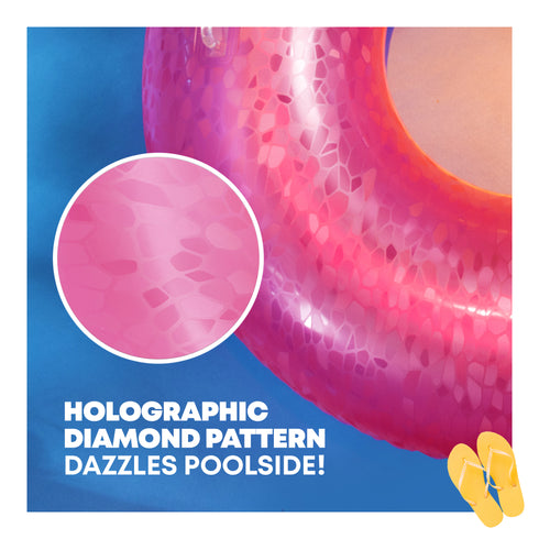 Splash! Inflatable Swim Ring 105cm Holographic Diamond Print Float with Handles - Neon Pink