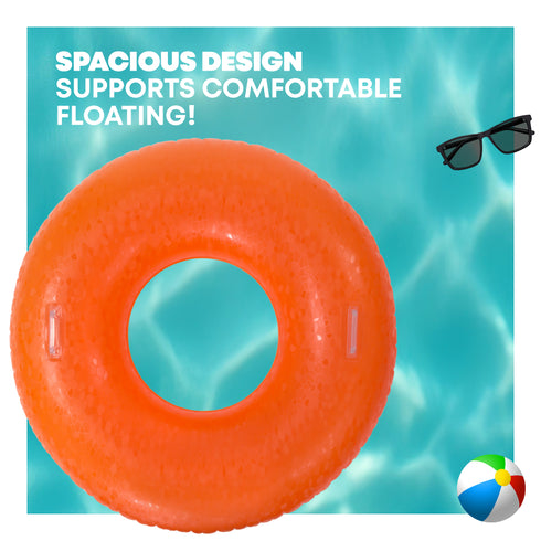 Splash! Inflatable Swim Ring 105cm Holographic Diamond Print Float with Handles - Neon Orange