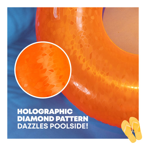Splash! Inflatable Swim Ring 105cm Holographic Diamond Print Float with Handles - Neon Orange