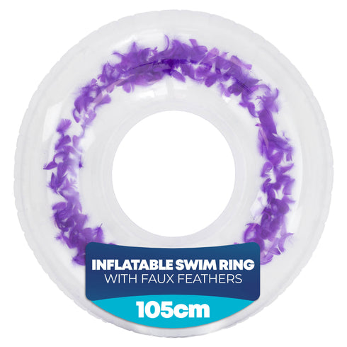 Splash! Inflatable Swim Ring 105cm - Transparent Feather-Filled Pool Float - Purple