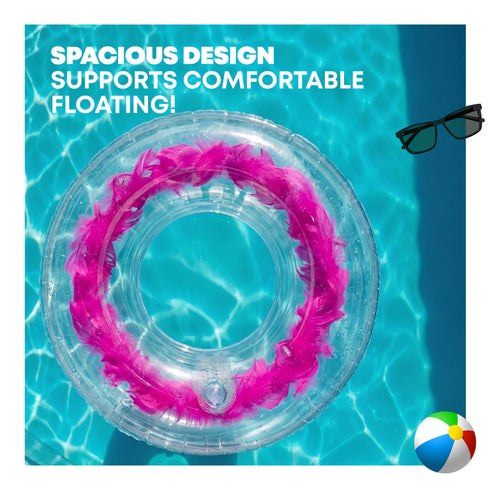 Splash! Inflatable Swim Ring 105cm - Transparent Feather-Filled Pool Float - Pink