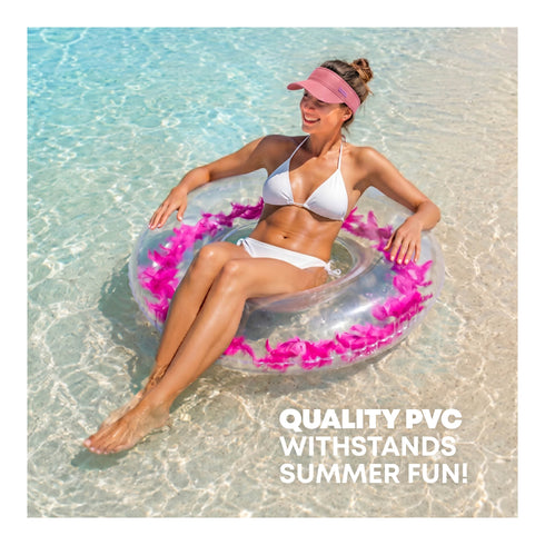 Splash! Inflatable Swim Ring 105cm - Transparent Feather-Filled Pool Float - Pink