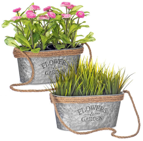 Zinc Hanging Plant Pot with Hessian Rope - Set of 2