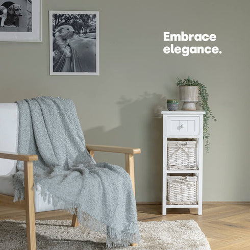 Wicker 2-tier Bedside Table Unit - White