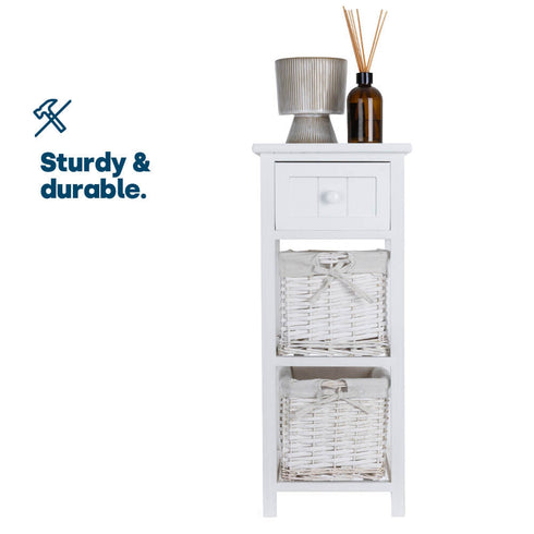 Wicker 2-tier Bedside Table Unit - White