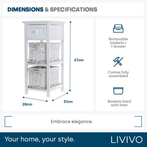 Wicker 2-tier Bedside Table Unit - White