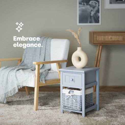 Wicker 1-tier Bedside Table Unit - Grey