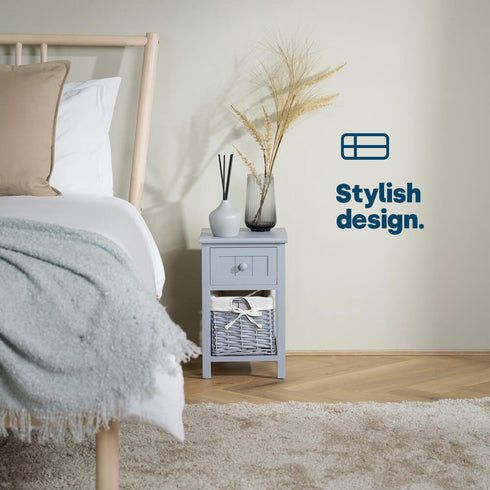 Wicker 1-tier Bedside Table Unit - Grey