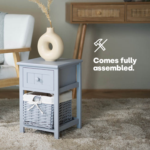 Wicker 1-tier Bedside Table Unit - Grey
