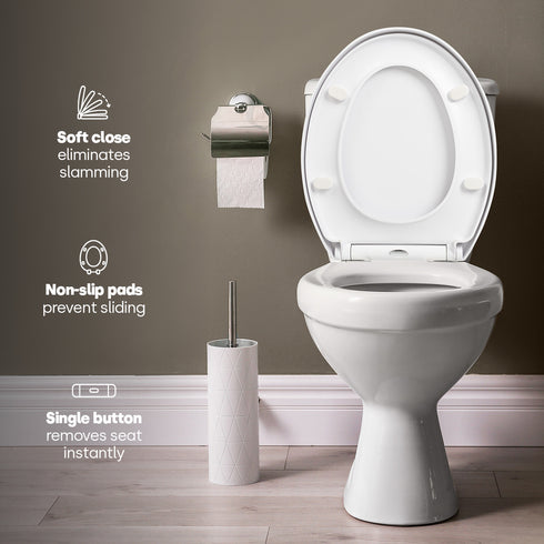Livivo Soft Close Toilet Seat - Oval White with Quick Release Button for Easy Cleaning