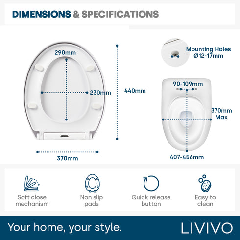 Livivo Soft Close Toilet Seat - Oval White with Quick Release Button for Easy Cleaning