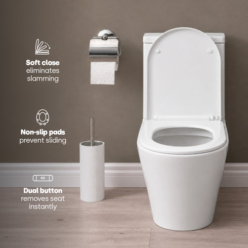 Livivo Soft Close D Shaped Toilet Seat - White with Quick Release Button for Easy Cleaning