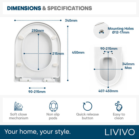 Livivo Soft Close D Shaped Toilet Seat - White with Quick Release Button for Easy Cleaning
